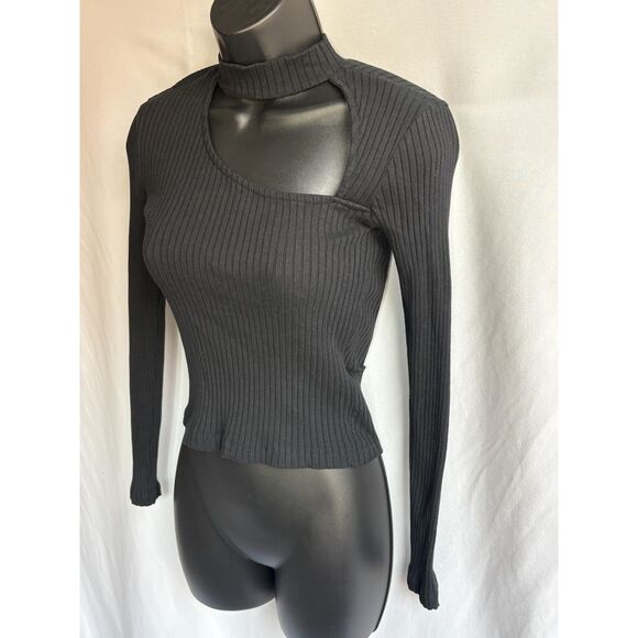 Zara Black Ribbed Mock Neck Sweater Knit Top Size S Classy 90s Sexy Date Night - Picture 4 of 9